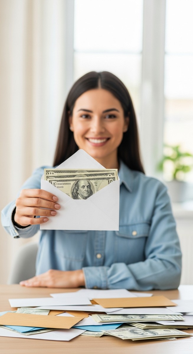 a woman holding up a filled savings envelope and smiling to save $10,000