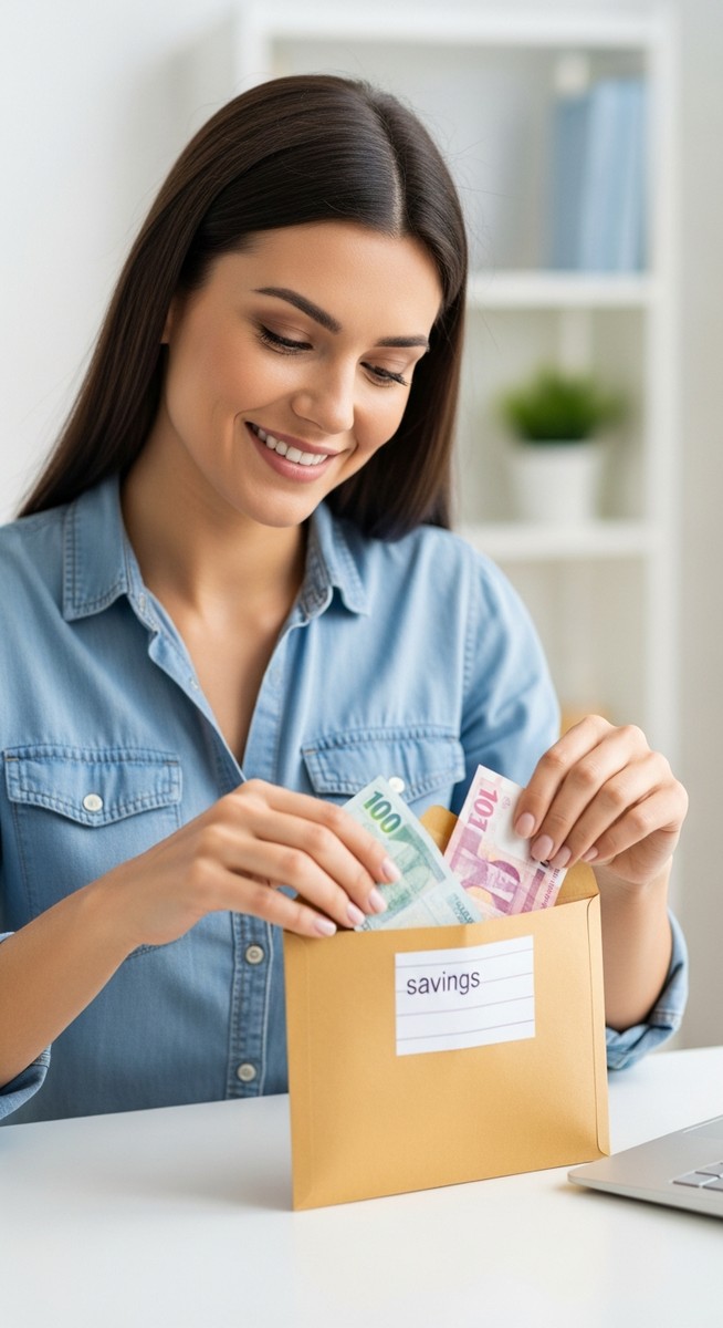 a woman placing cash into a savings envelope at her desk to save $10,000