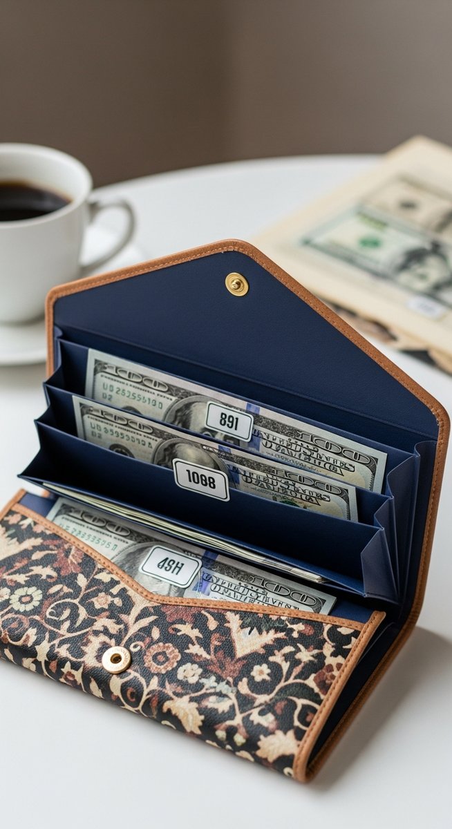 a cash envelope wallet open showing labelled envelopes with cash to save $10,000
