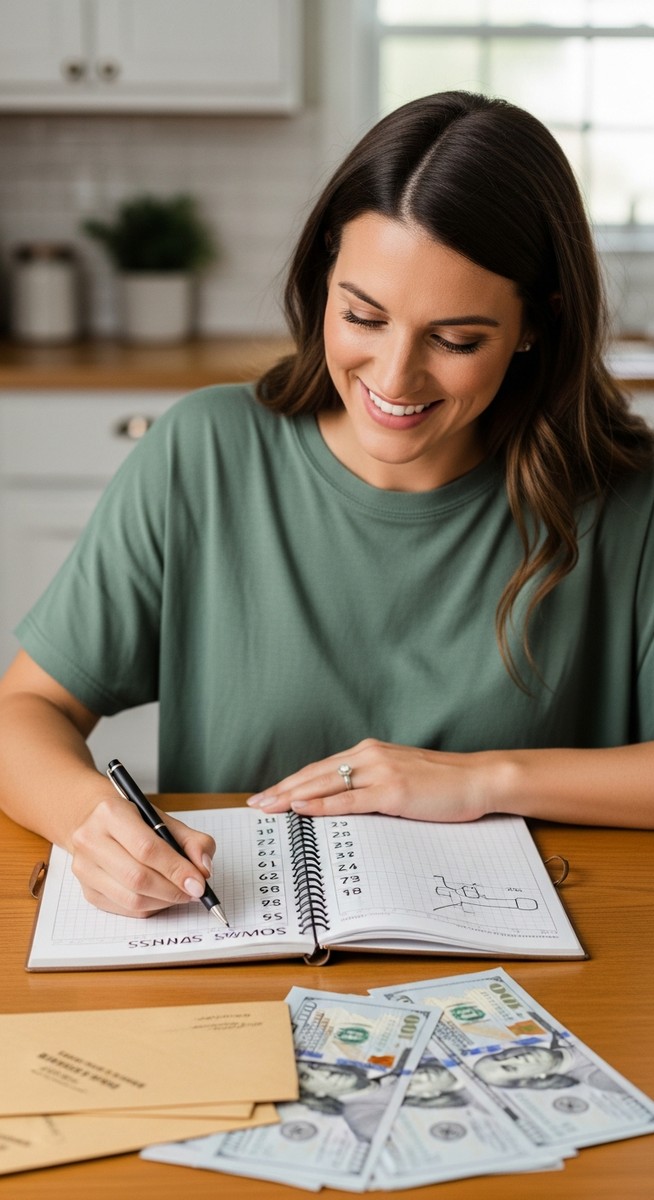 woman crossing off a number on a savings tracker chart