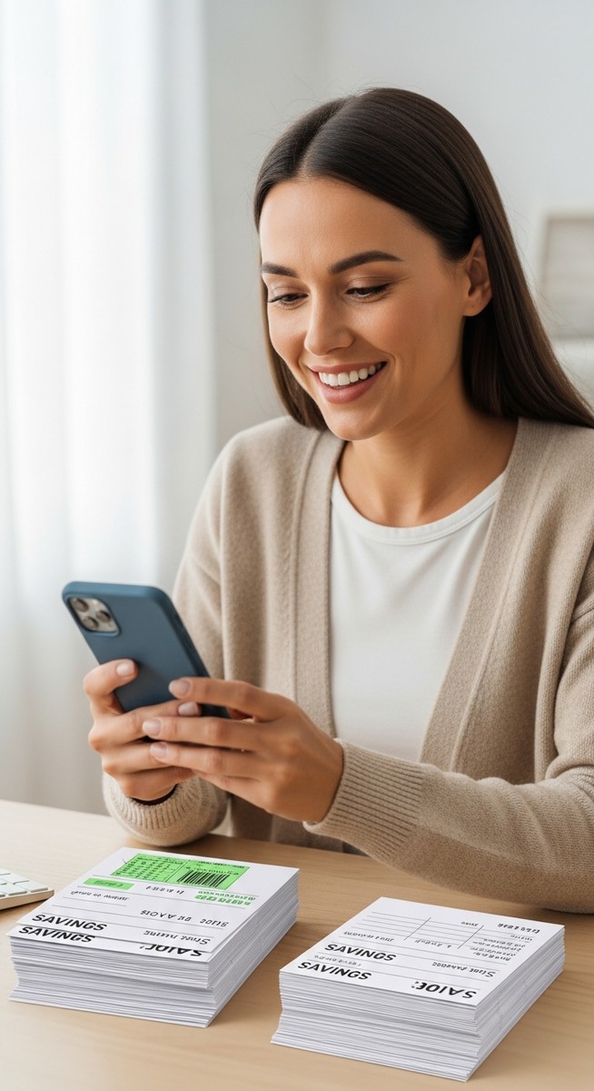 a woman smiling at her phone next to a pile of completed savings envelopes to save $10,000
