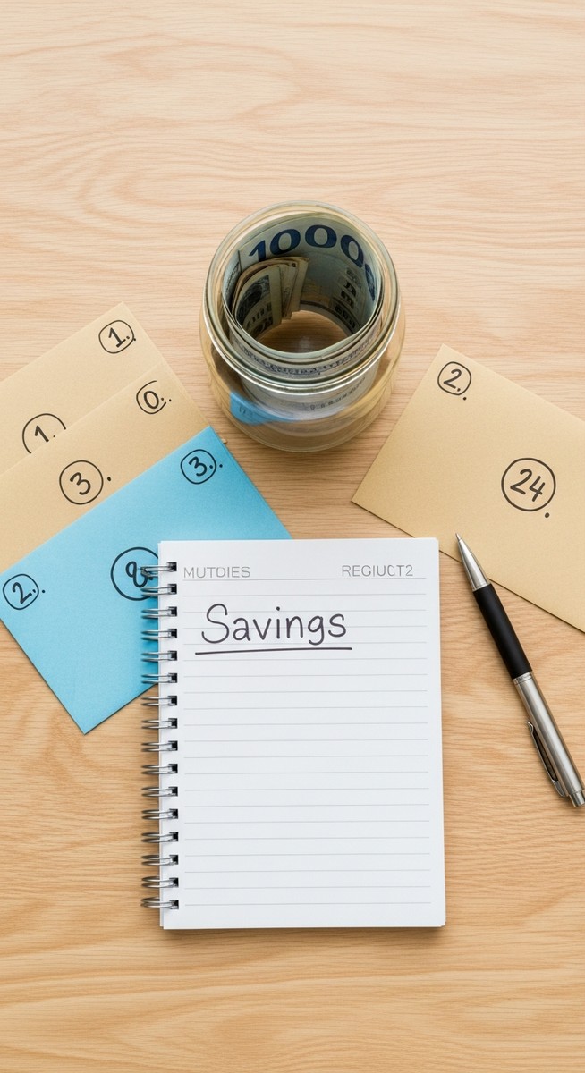 flatlay of a savings jar, numbered envelopes and a savings goal notepad