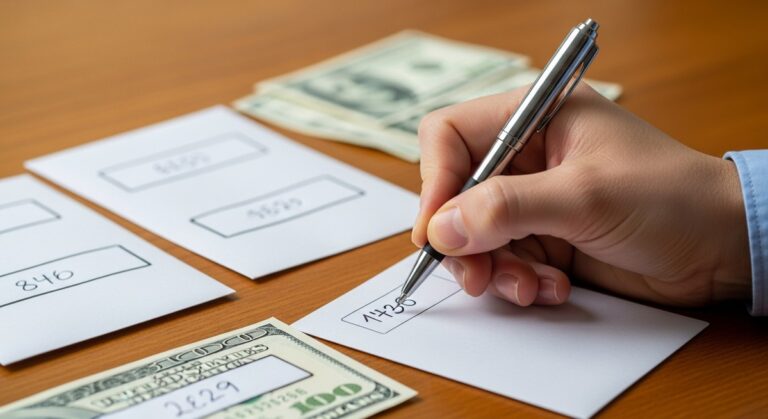 a hand writing a number on a savings envelope to save $10,000