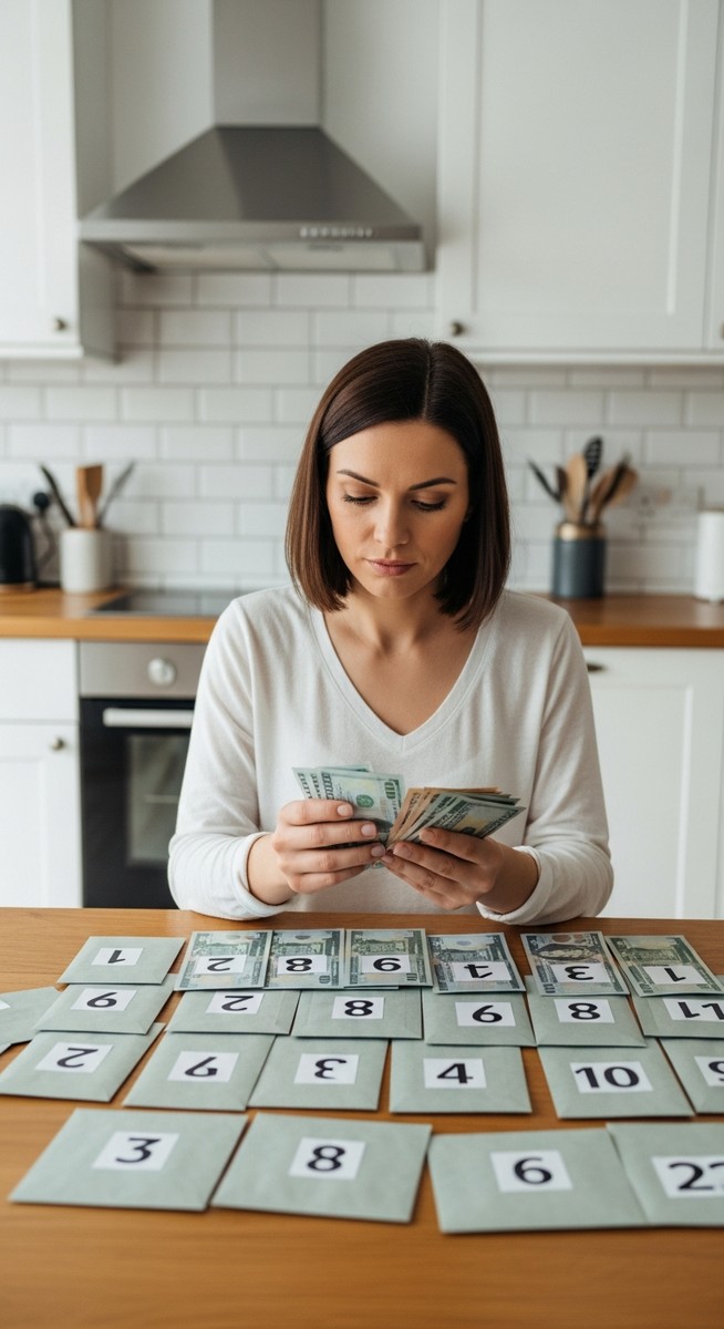 a woman sorting cash into numbered envelopes at a kitchen table to save $10,000