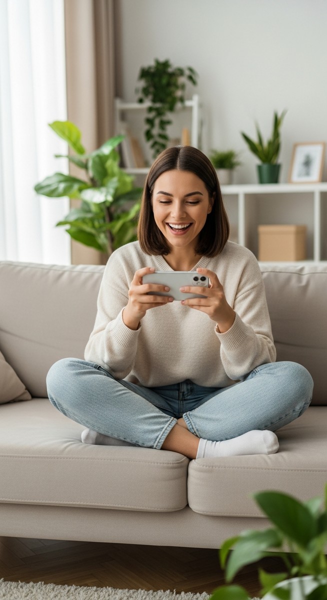 woman smiling at her phone in a bright living room