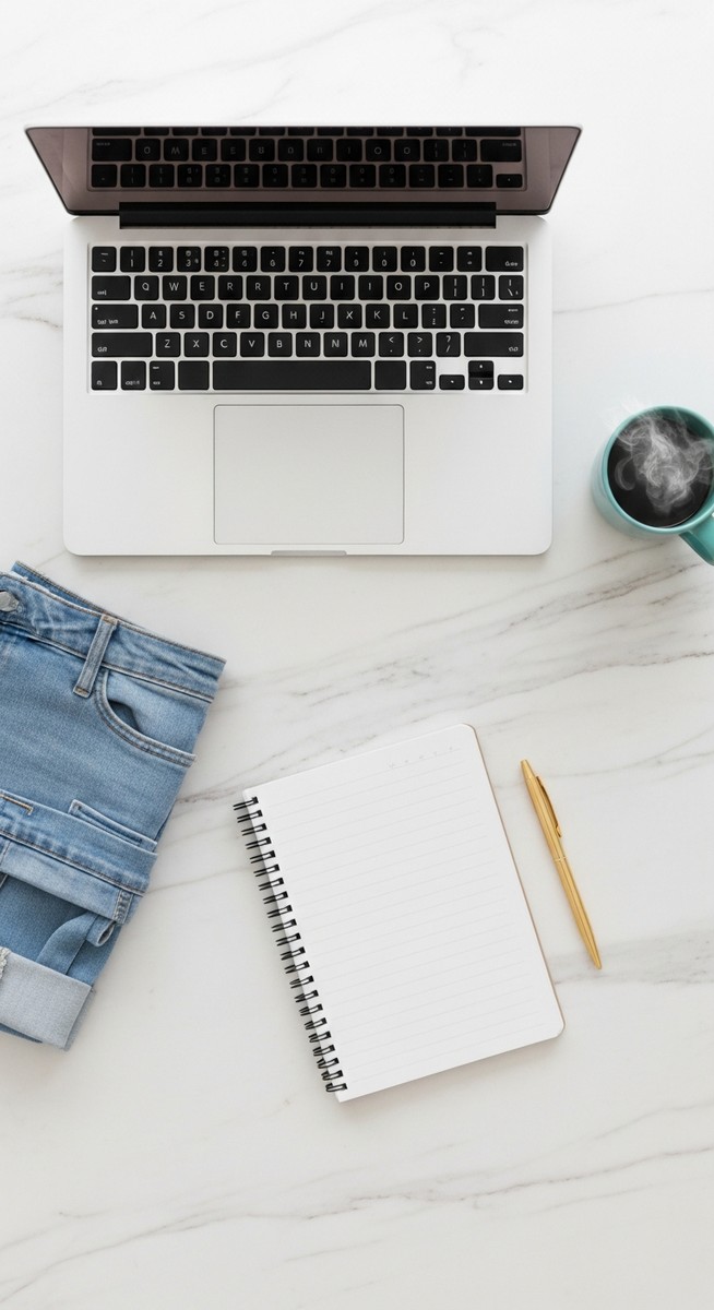 flatlay of a laptop and teal mug on a marble surface