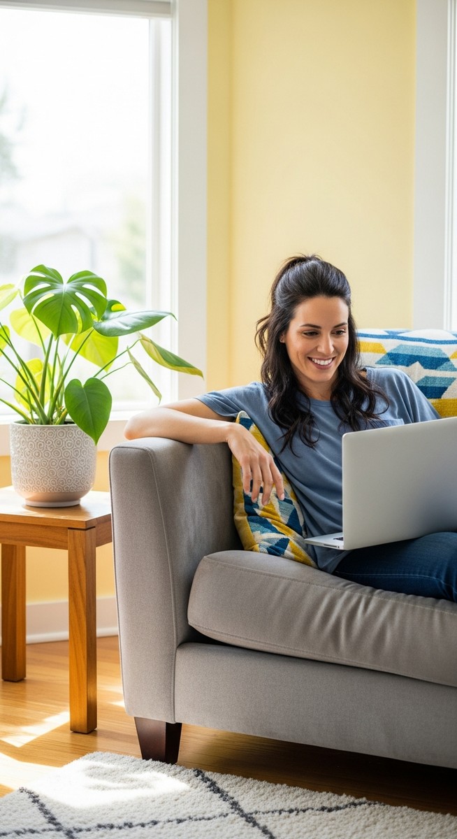 woman smiling while working on her laptop at home