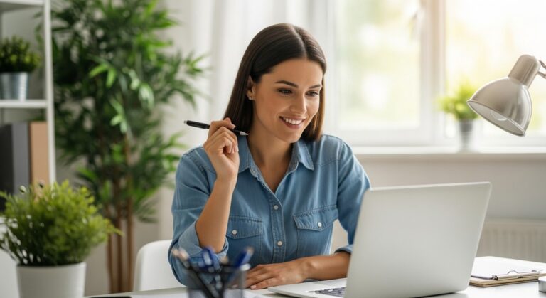 a woman smiling and thinking at her home office desk to make $2,000
