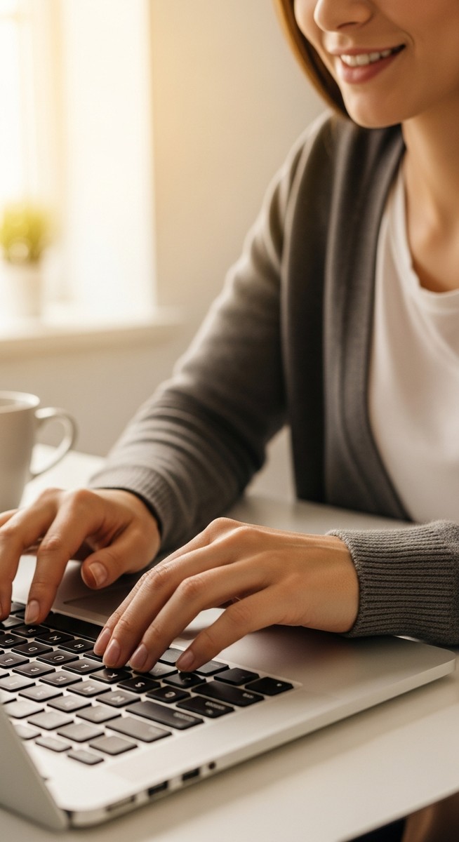 a woman typing on a laptop at a bright clean desk to make $2,000