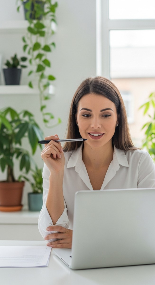 woman smiling and thinking at her home office desk
