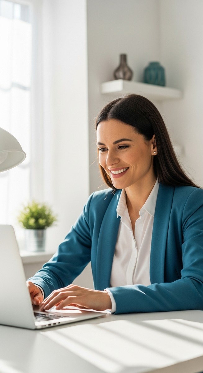 woman working confidently on her laptop at a bright home desk