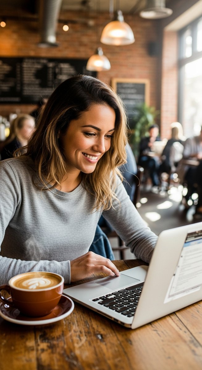 woman working happily on her laptop
