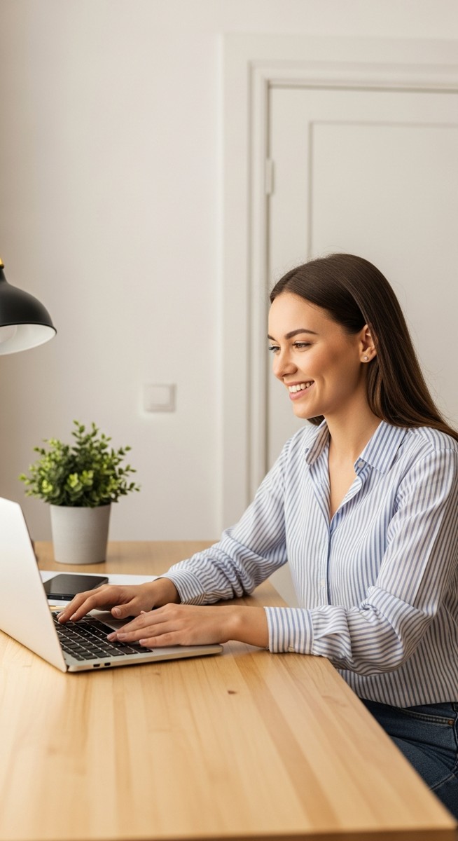 woman looking satisfied at her laptop screen at home