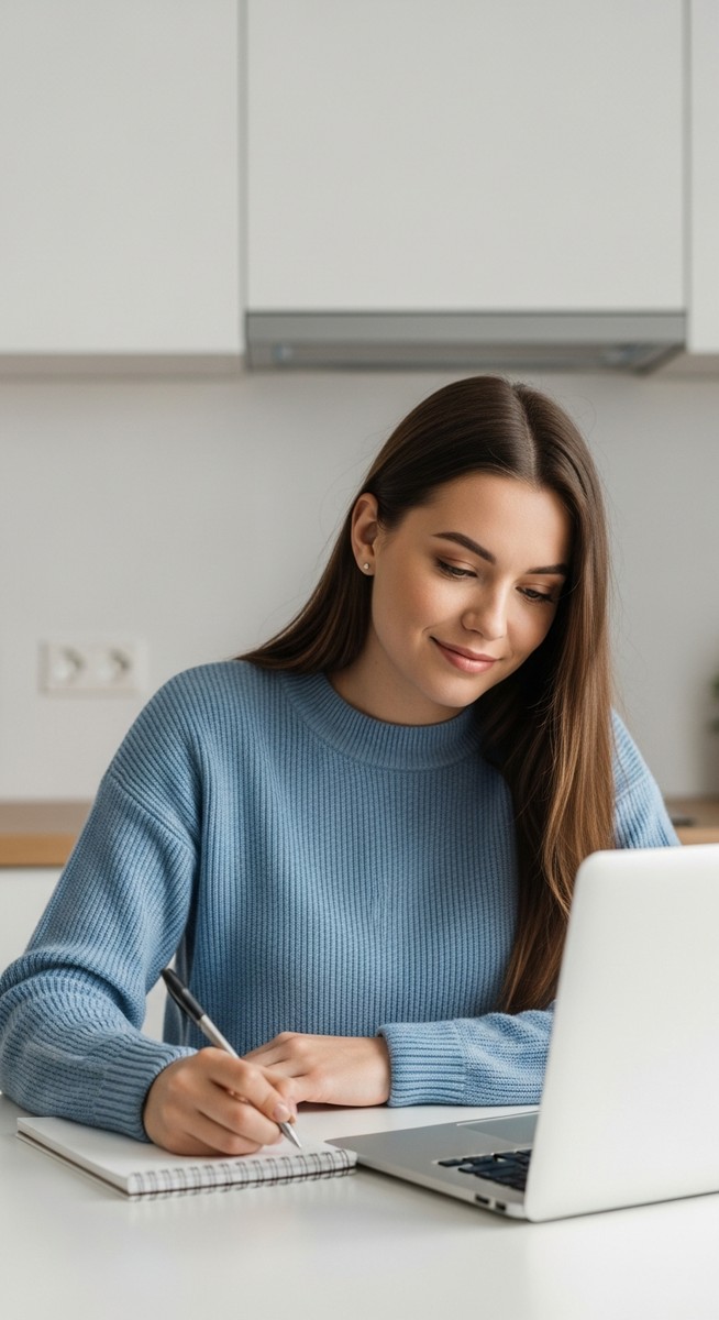 young woman taking notes next to her laptop at a kitchen table
