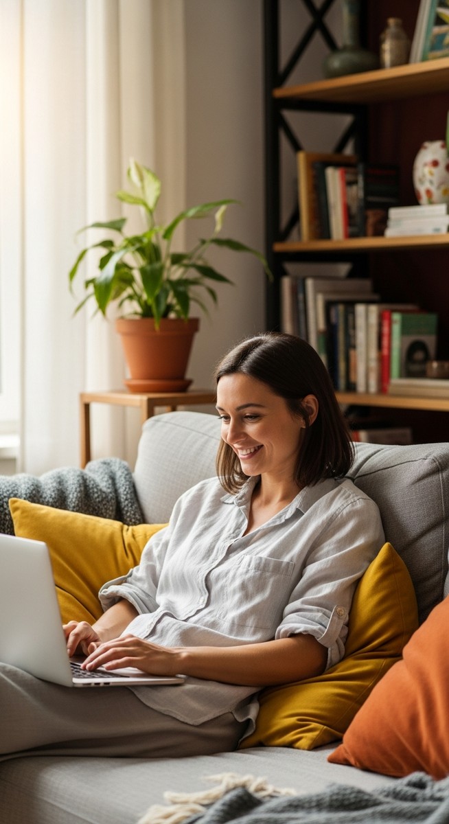 woman smiling while working on her laptop at home