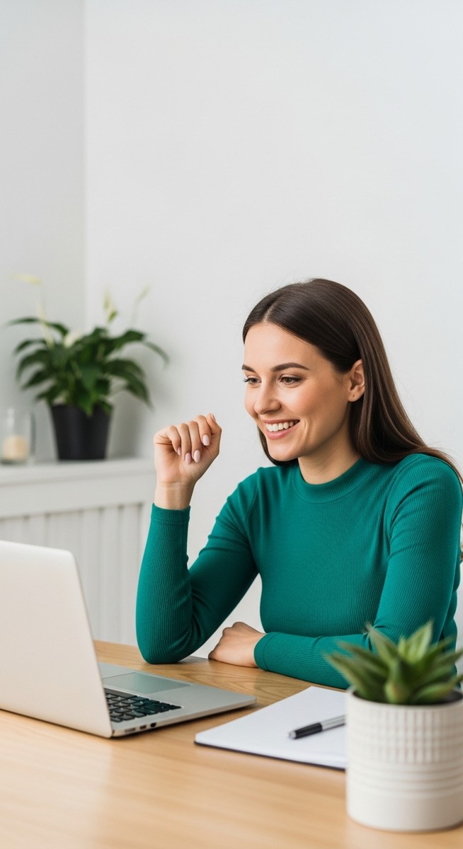 woman looking satisfied at her laptop screen at home