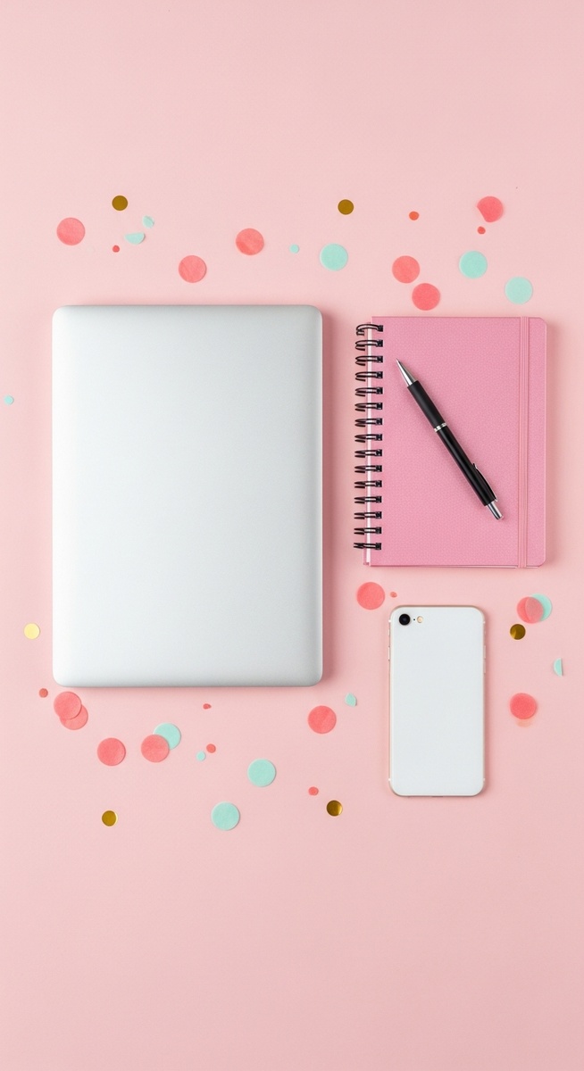 pink flatlay with laptop, notebook, and phone