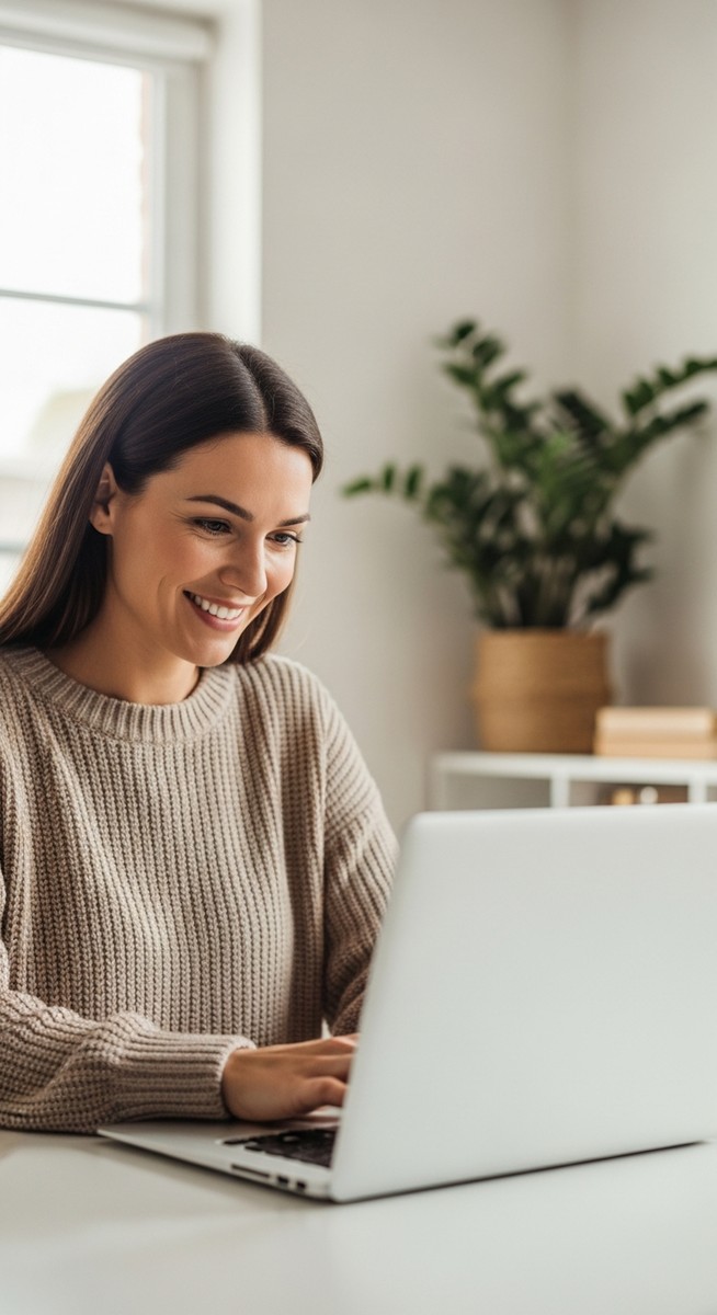 woman working confidently on her laptop at a bright home desk