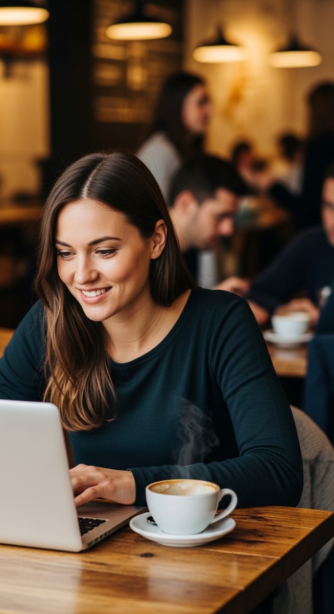 woman working happily on her laptop