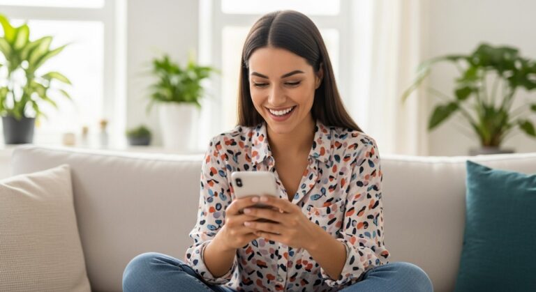 woman smiling at her phone in a bright living room