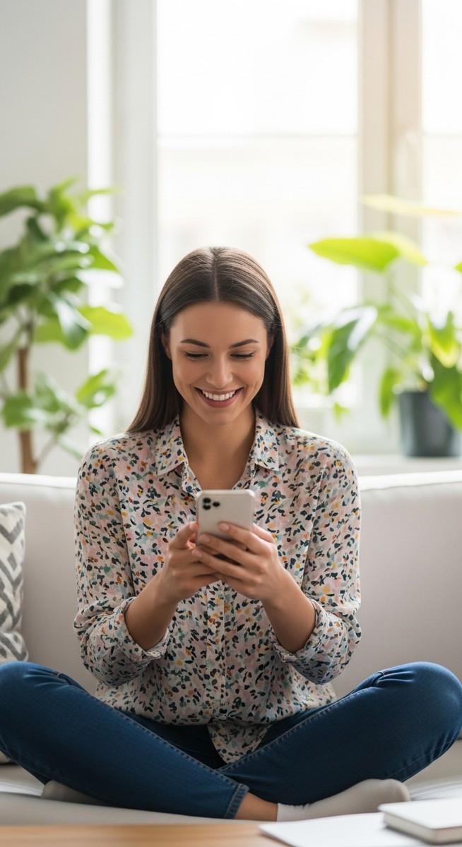 a woman smiling at her phone in a bright living room for budgeting