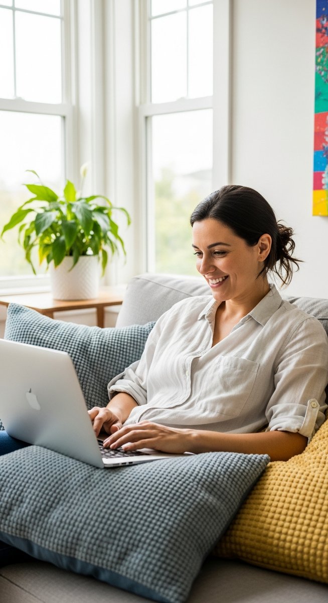 a woman smiling while working on her laptop at home for budgeting