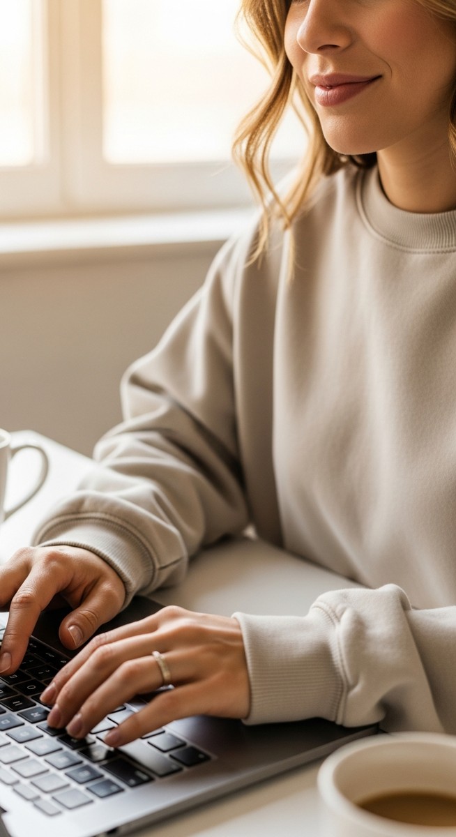 a woman typing on a laptop at a bright clean desk for budgeting