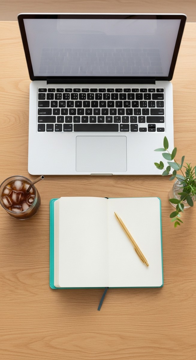 flatlay of a laptop and teal notebook on a wooden desk