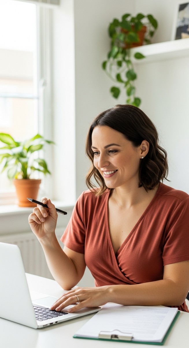 woman smiling and thinking at her home office desk