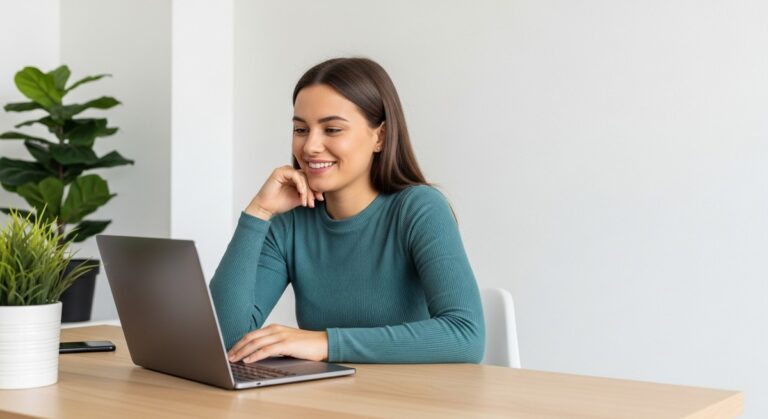 a woman looking satisfied at her laptop screen at home for budgeting