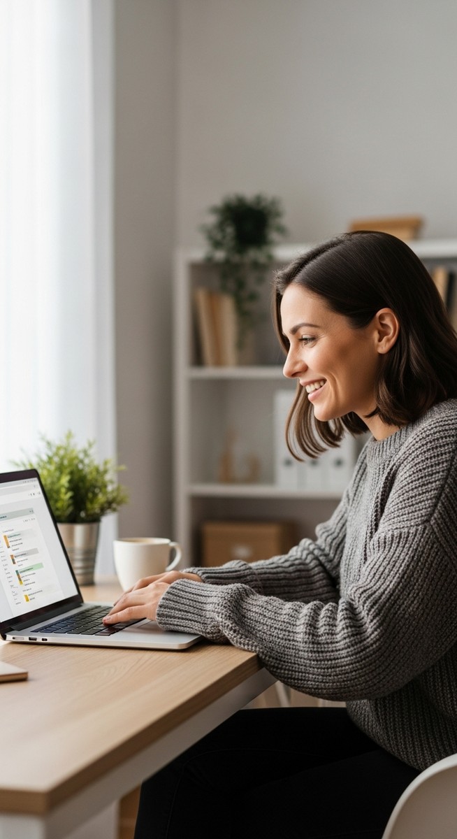 a woman working confidently on her laptop at a bright home desk for budgeting