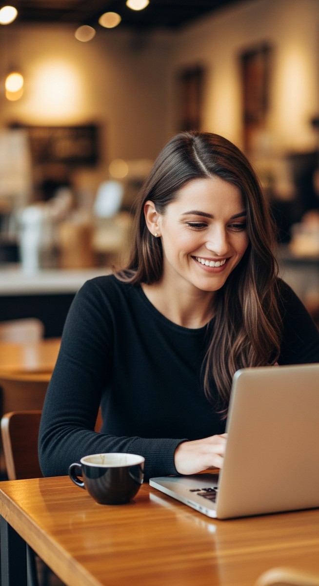woman working happily on her laptop