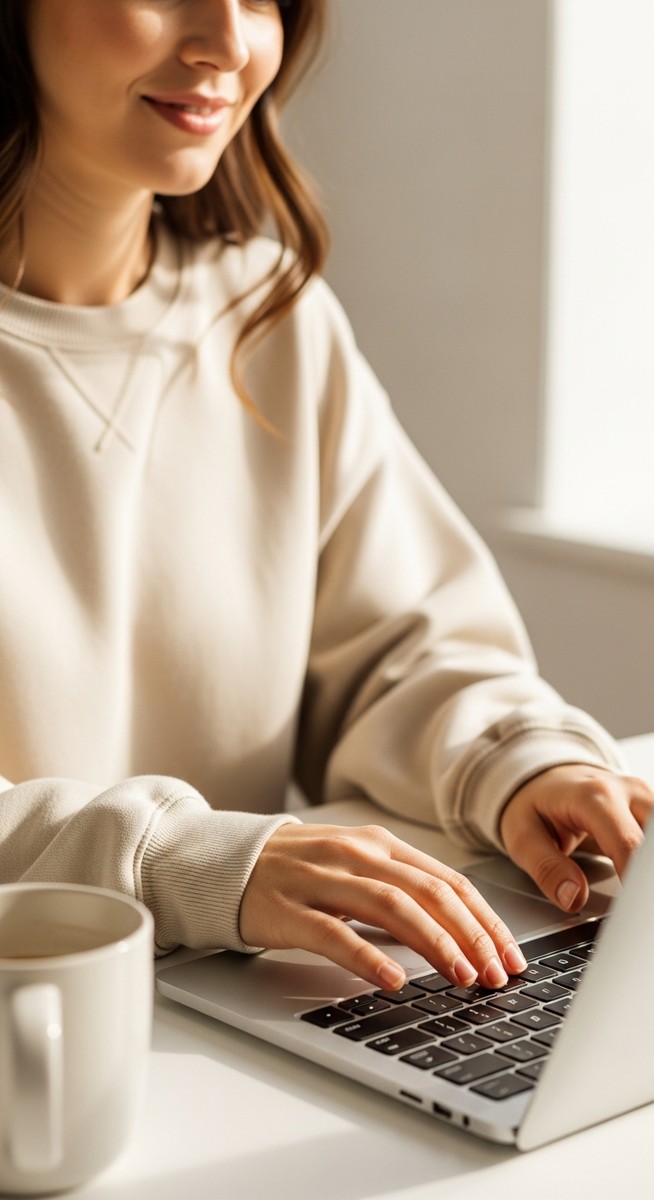 woman typing on a laptop at a bright clean desk