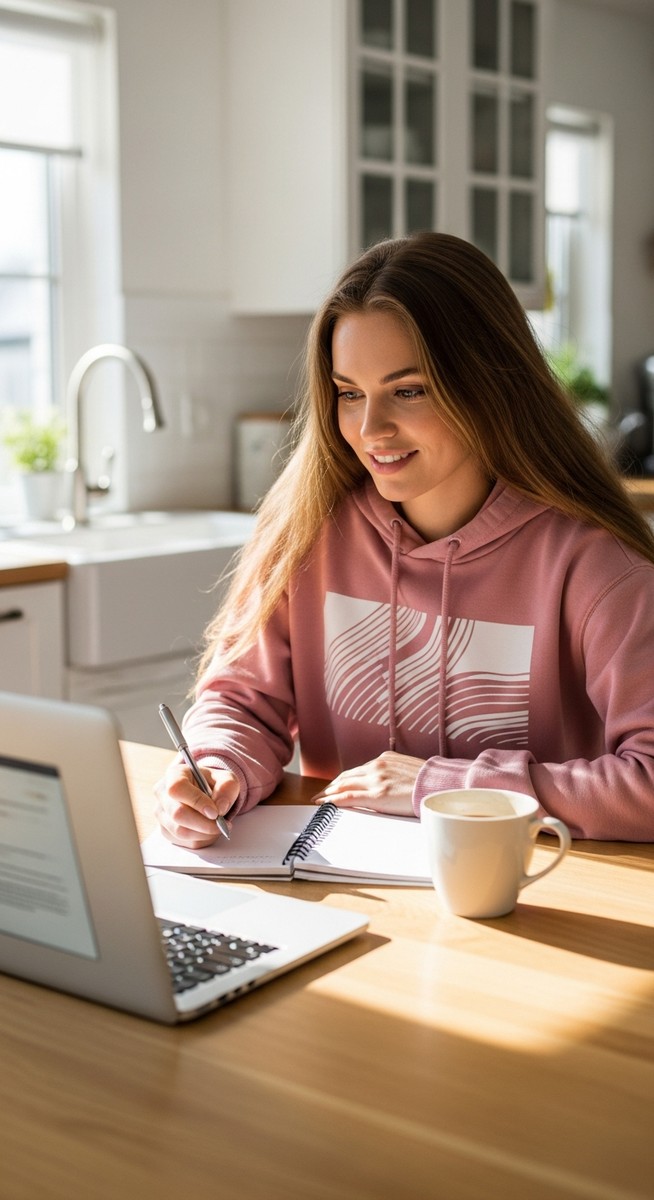young woman taking notes next to her laptop at a kitchen table