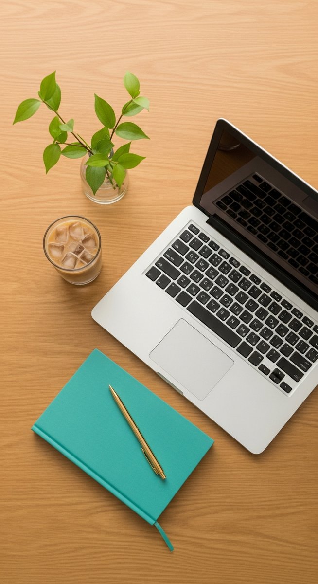 flatlay of a laptop and teal notebook on a wooden desk