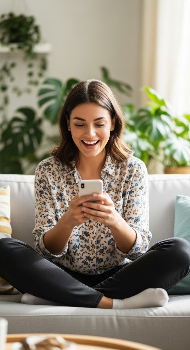 a woman smiling at her phone in a bright living room to build income streams