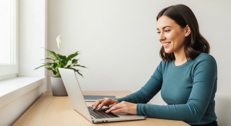 a woman looking satisfied at her laptop screen at home to build income streams