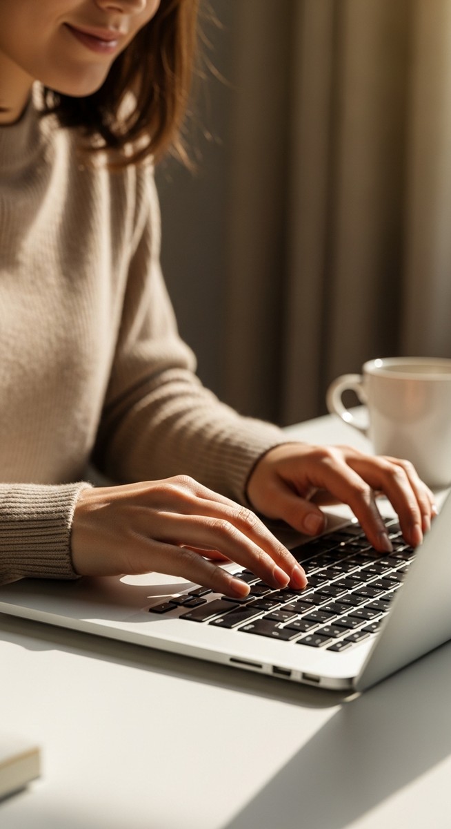 woman typing on a laptop at a bright clean desk