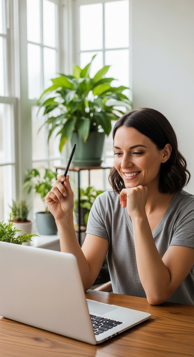 woman smiling and thinking at her home office desk