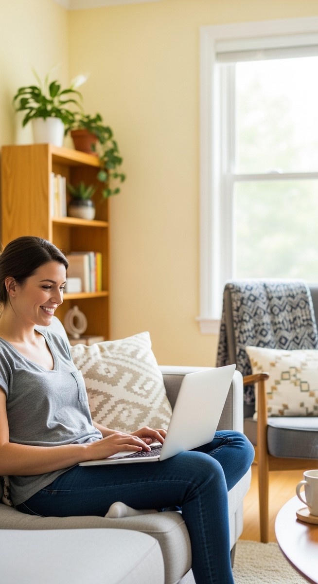 a woman smiling while working on her laptop at home for focus groups
