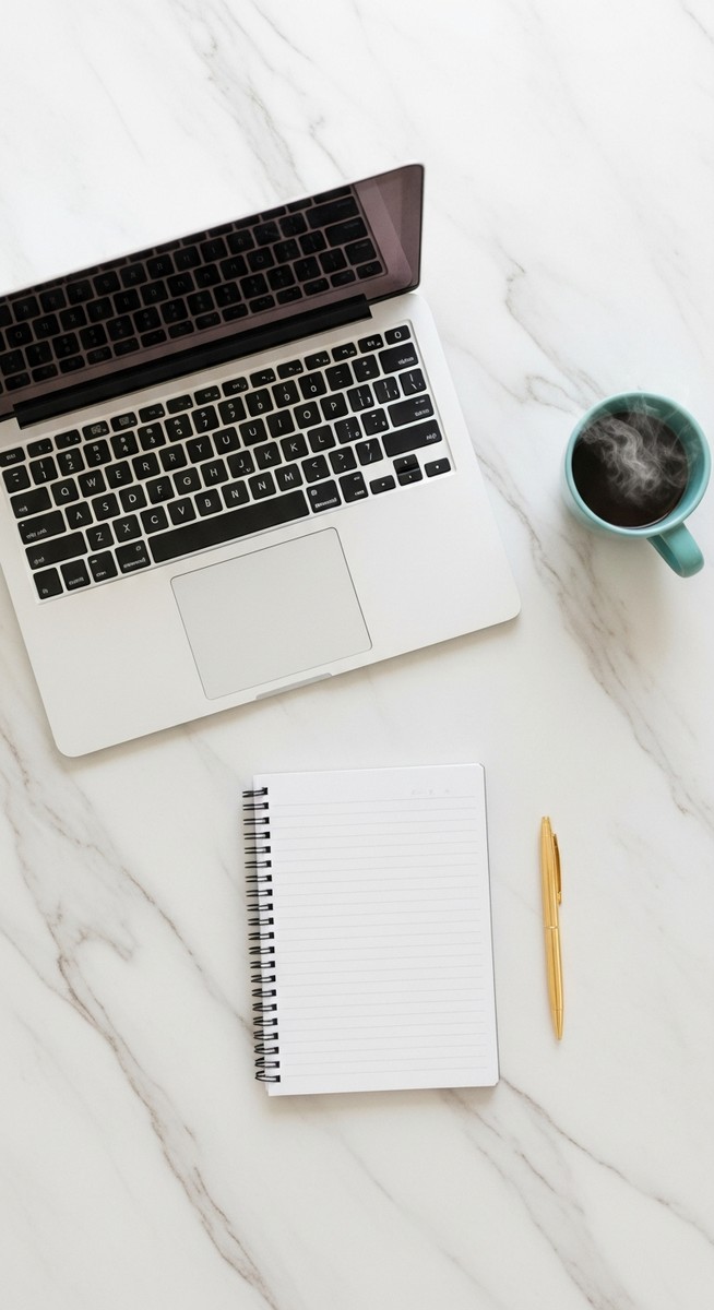 flatlay of a laptop and teal mug on a marble surface