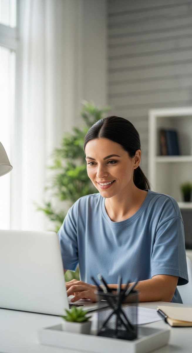 woman working confidently on her laptop at a bright home desk