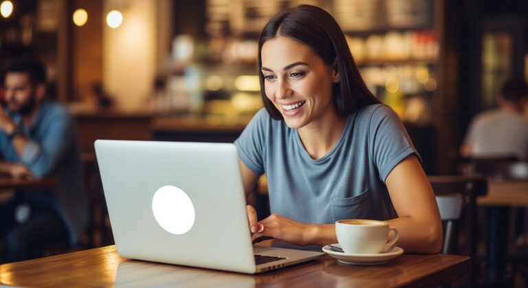 a woman working happily on her laptop for focus groups