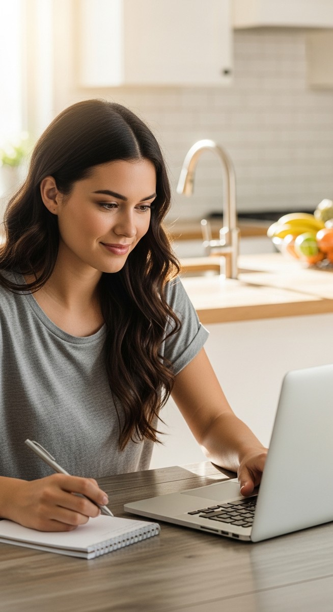 a young woman taking notes next to her laptop at a kitchen table for focus groups