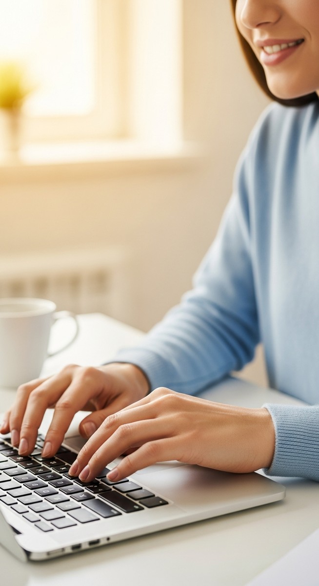 woman typing on a laptop at a bright clean desk