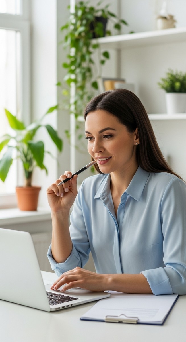 woman smiling and thinking at her home office desk