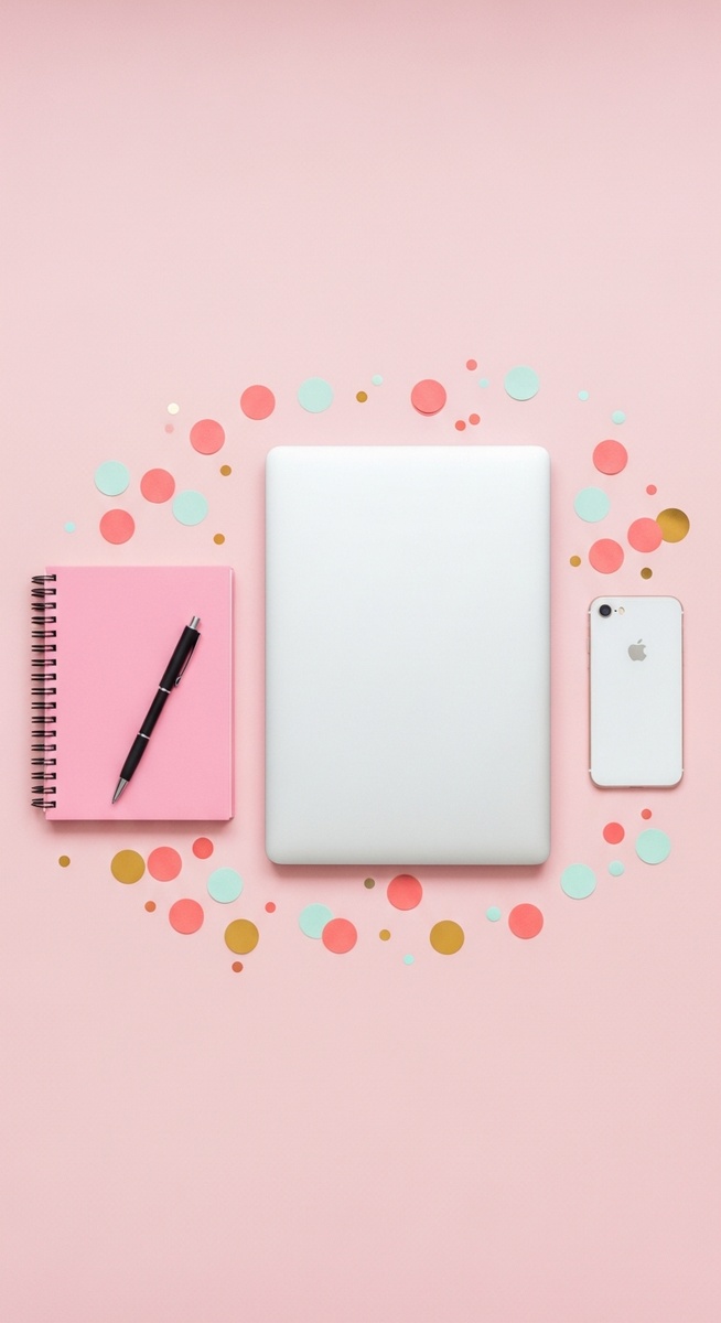 pink flatlay with laptop, notebook, and phone