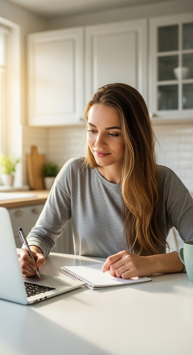 young woman taking notes next to her laptop at a kitchen table