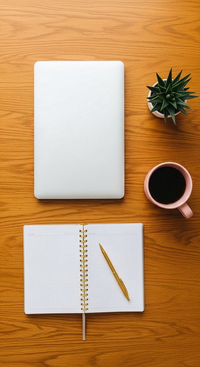 flatlay of a planner, laptop, and succulent on a wooden surface