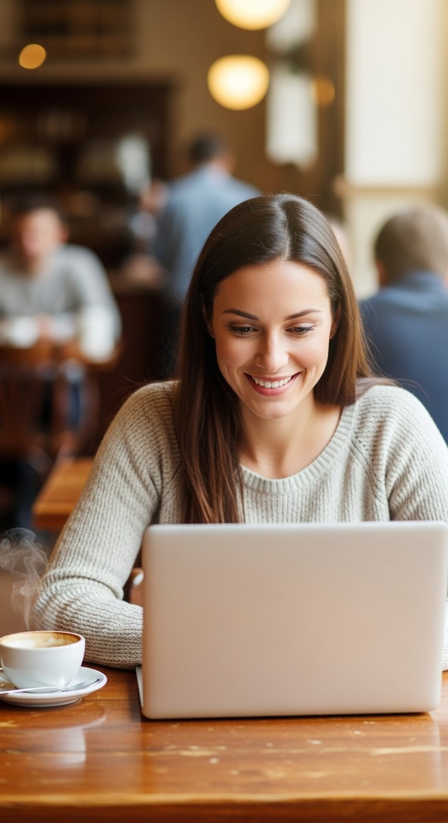 woman working happily on her laptop
